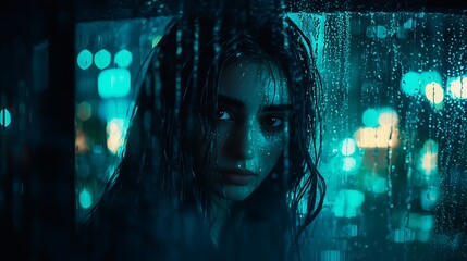 Candid nighttime street photo of individual gazing through rain-speckled taxi glass, mirrorless camera 35mm lens, soft focus on water trails and blurred urban lights outside