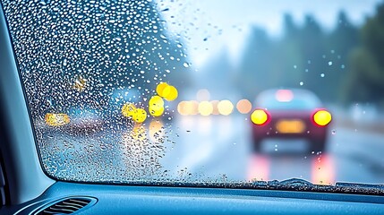 Moody close-up of individual behind rain-covered car window, full-frame camera 50mm lens, bokeh effect with diffused neon light reflections in background