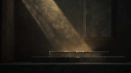 Moody gritty image of empty concrete stairs under a single faint light, full-frame camera 28mm lens emphasizing textures of damp walls and chipped paint in dark environment