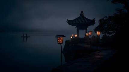 Fototapeta premium Ancient temple near water edge, dusk reflections, soft lanterns, misty lake