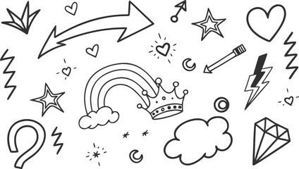 Sketch line arrow element, star, heart shape. Hand drawn doodle sketch style circle, cloud speech bubble grunge element set. a seamless collection of hand-drawn doodle elements in black on a white 