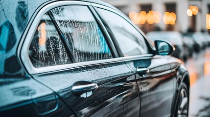 Moody close-up of individual behind rain-covered car window, full-frame camera 50mm lens, bokeh effect with diffused neon light reflections in background