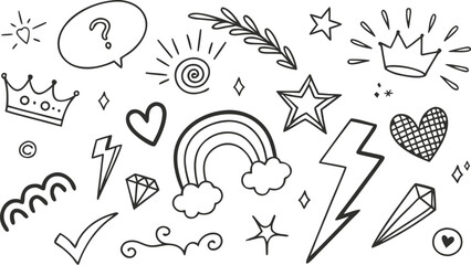 Sketch line arrow element, star, heart shape. Hand drawn doodle sketch style circle, cloud speech bubble grunge element set. a seamless collection of hand-drawn doodle elements in black on a white 