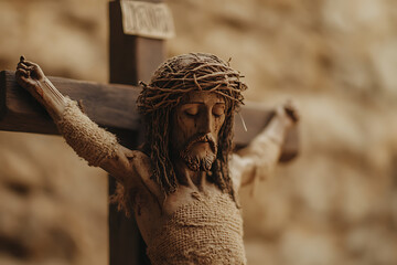 Sculpted figure on a cross wearing a crown of thorns. Religious art showcasing faith and the passion.