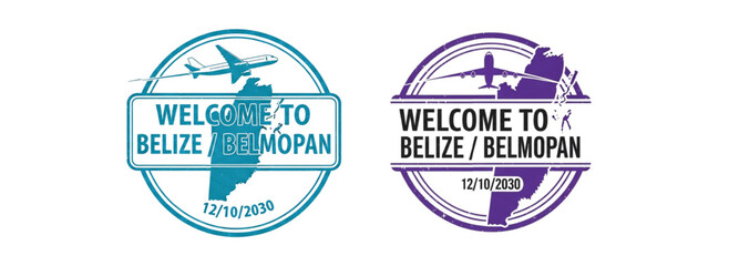 Obraz premium Welcome to Belize and Belmopan stamp featuring an airplane and map of Belize graphic