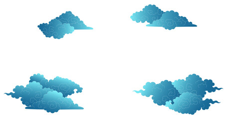 Obraz premium Traditional Asian clouds, line drawing, blue gradient, isolated on transparent. Hand drawn vector illustration. Buddhist thangka art. Chinese, Japanese, Korean design element, clip art, background