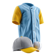 Classic baseball sport uniform with blue jersey shirt cap and ball. Team equipment showing spirit for upcoming game