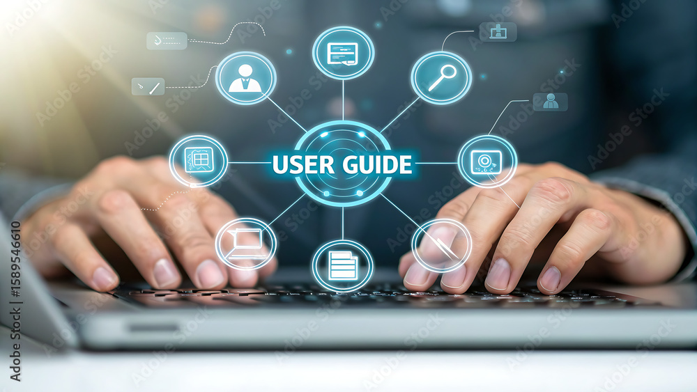 Poster person typing on laptop with user guide interface image