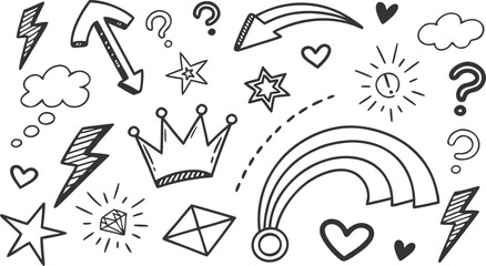 Fototapeta premium Sketch line arrow element, star, heart shape. Hand drawn doodle sketch style circle, cloud speech bubble grunge element set. a seamless collection of hand-drawn doodle elements in black on a white 