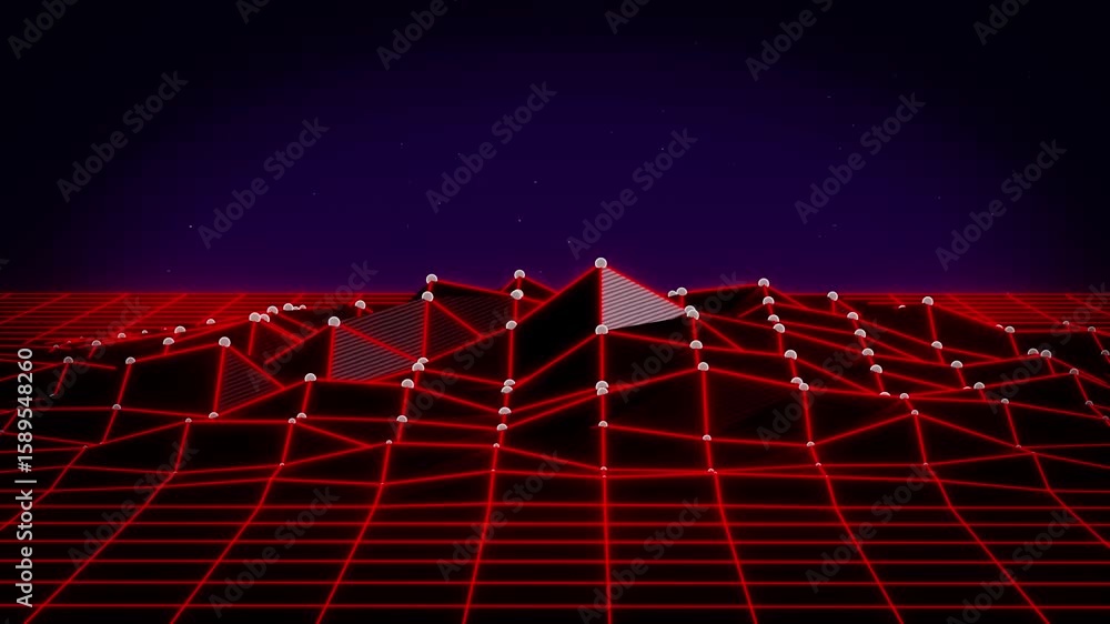 Poster red glowing neon lines grid on a dark background. 3d abstract looped animation. retro futuristic sty