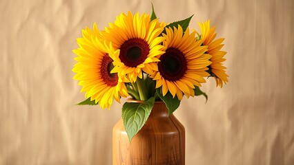 Close-Up of Sunflower Bouquet in Rustic Wooden Vase, Warm Summer Still Life
