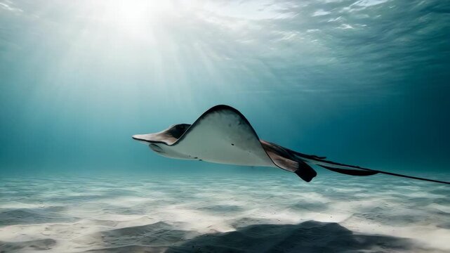 Stingray Gliding Over Sandy Seabed in Turquoise Ocean Water with Sun Rays Casting Downward Creating a Serene and Natural Underwater Scene