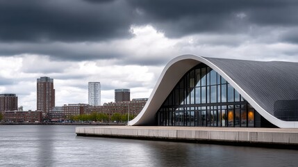 Obraz premium Curved, glass-fronted structure stands on water, contrasting against dark clouds, with sunlight breaking through for an epic ambiance.