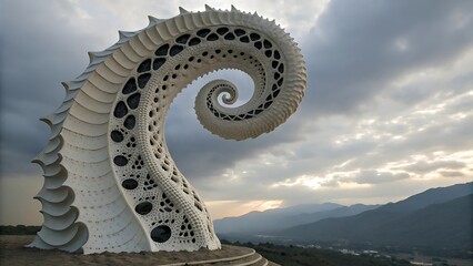 White spiral sculpture with intricate patterns against cloudy sky