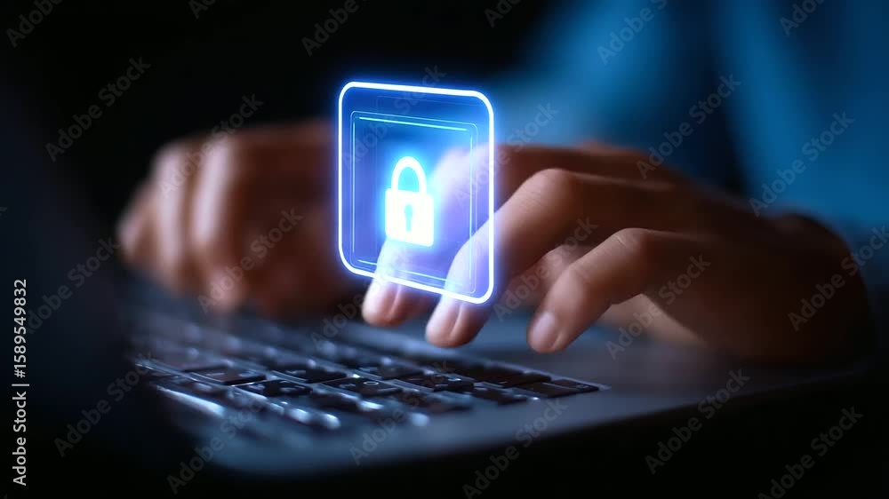 Aufkleber close-up shot of hands typing on a keyboard with digital security icons overlay.