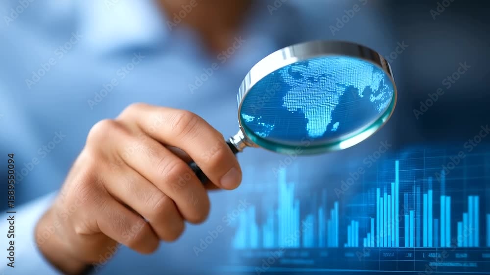 Poster detailed view of a hand using a magnifying glass to examine data charts.