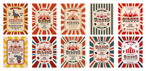 Vector set of retro circus invitation poster templates featuring a tent. Vector illustration.
