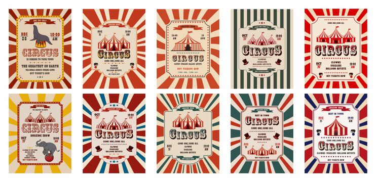 Vector set of retro circus invitation poster templates featuring a tent. Vector illustration.