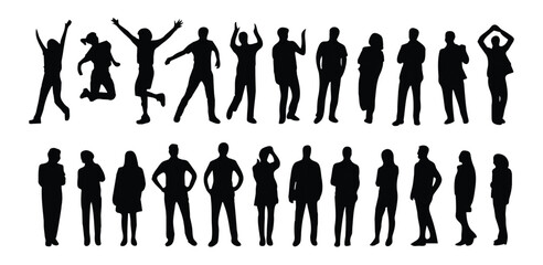 Diverse group of people in silhouette with arms raised in celebration and standing in rows isolated on white background