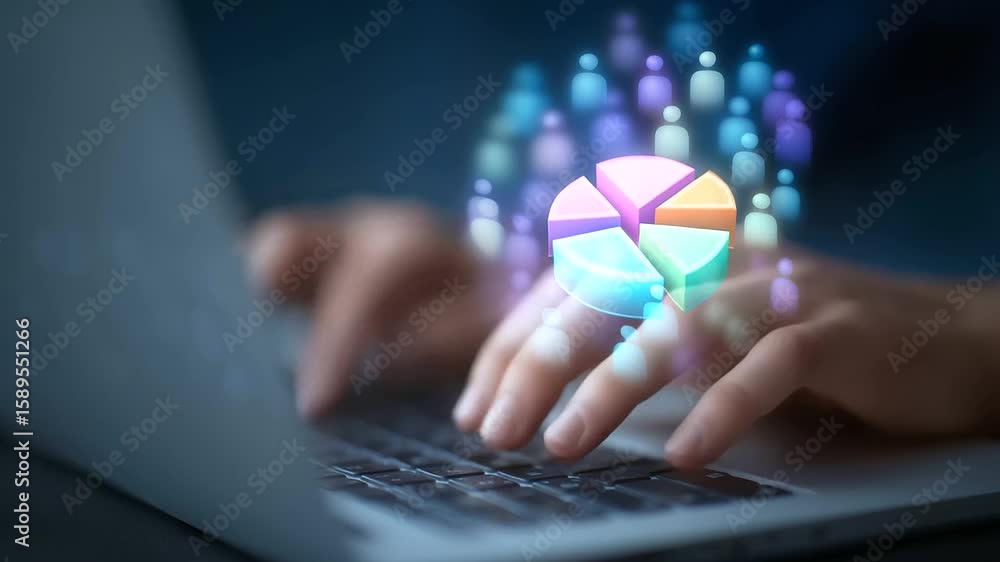 Poster futuristic scene of hands interacting with a laptop displaying a holographic pie chart and digital a