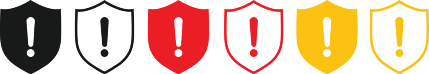 Alert Shield Icon Set – Five Warning Symbols Featuring Central Exclamation Marks in Black, Red, and Yellow Shield Silhouettes on White Background