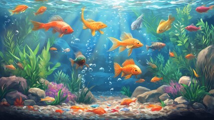 Naklejka premium Vibrant underwater scene with colorful fish and aquatic plants.
