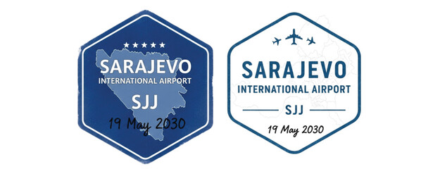 Sarajevo International Airport badge design featuring airplanes and travel destination