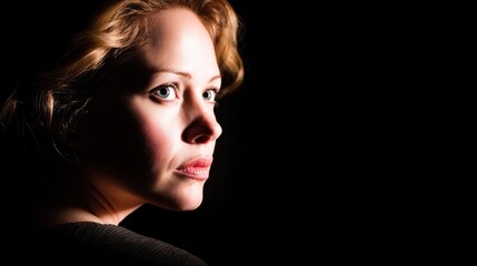 Fototapeta premium Portrait of a woman in low light, showcasing her profile and thoughtful expression against a dark backdrop