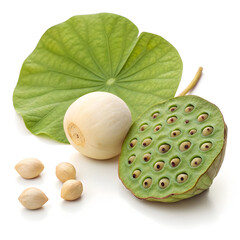 A single whole dried lotus seed, nutritious and mildly sweet, used in cooking,