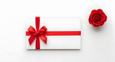 A white gift box adorned with a red ribbon and bow, accompanied by a single red rose on a white background.