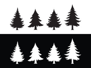 Four black and white pine tree silhouettes fir tree