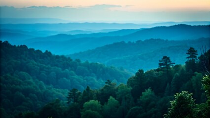 Sunrise mist delicately cloaks the mountain landscape, revealing a serene panorama of trees and sky