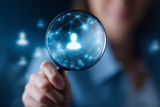 Magnifying glass focusing on digital network connections and user icons symbolizing social network analysis and data search
