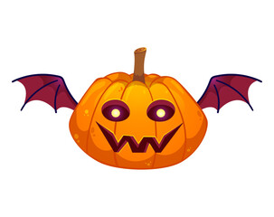 Halloween pumpkin with creepy smiling face and with bat wings. Vector cartoon Illustration isolated on white.