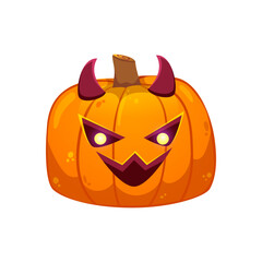 Halloween pumpkin with creepy smiling face and with evil horns. Vector cartoon Illustration isolated on white.