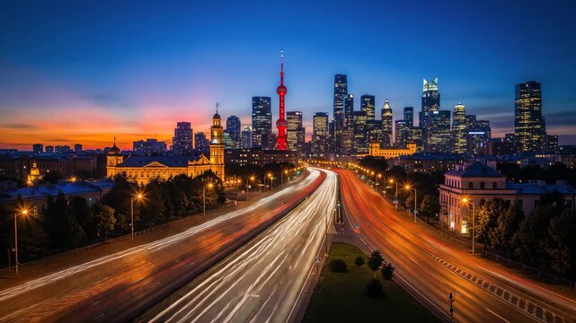 City Skyline at Sunset with Highway Traffic and Light Trails