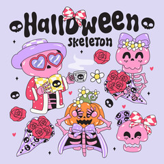Coquette Bows and Halloween Skeletons Collide in Style elements. Vector illustration.