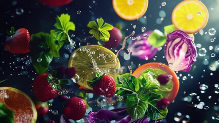 Fresh fruits and vegetables falling from a basket or stand into a pool of water