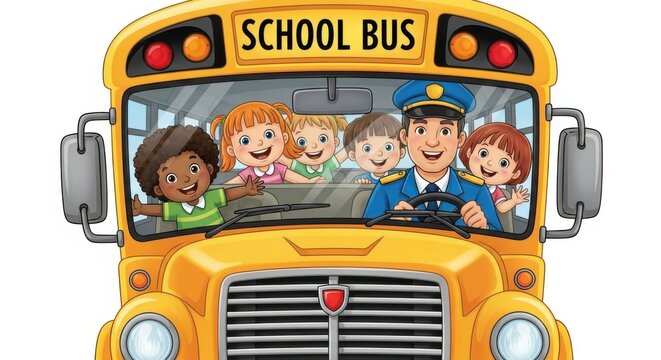 Happy children ride a yellow school bus with their smiling driver
