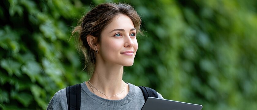 Young woman walks purposefully beside a lush ivy wall, carrying a laptop, blending work and nature in a serene environment