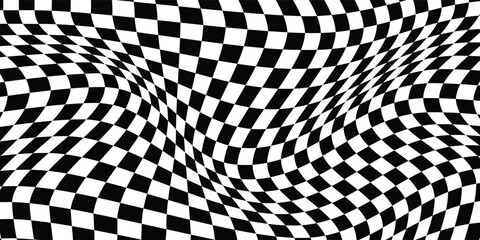 Obraz premium Abstract checkered background with distortion effect. Checkered pattern. surface. Black and white background, distorted chessboard. Abstract banner with distortion. Vector illustration.