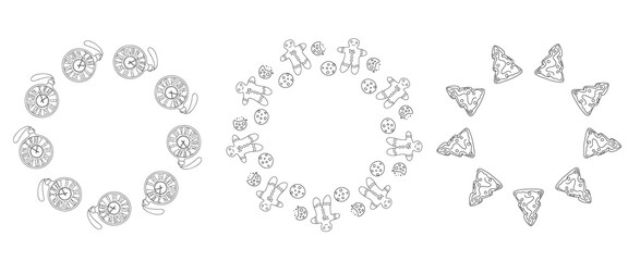 Set of round Christmas frames with baubles, clocks and gingerbread cookies. Vector hand drawn illustration for festive packaging, holiday labels, winter decor and seasonal design
