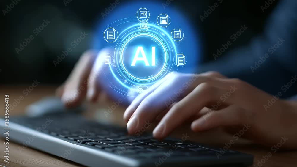 Poster futuristic ai hologram interface showcasing advanced search and chat capabilities.