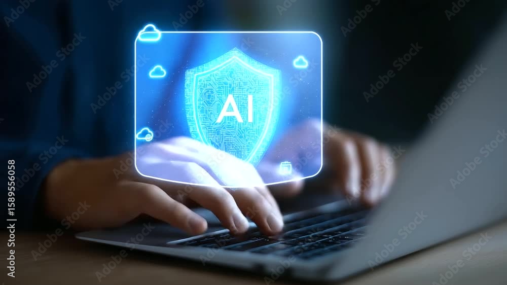 Poster hands typing on a laptop with a digital ai security shield overlay in a futuristic setting.