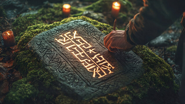 Hand Drawing Spiritual Runes, Skilled hand engraving glowing spiritual runes on stone tablet surrounded by moss and candles, copy space  - Powered by Adobe