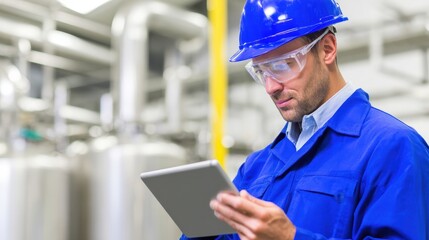 Industrial worker in blue uniform using a tablet in a factory setting with machinery