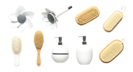 Photo of a collection of white bathroom accessories including showerheads, brushes, and lotion bottles isolated on transparent background