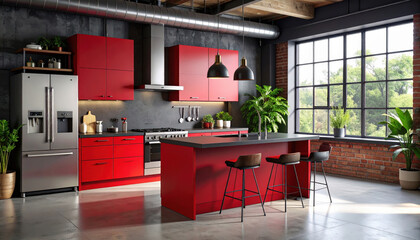 Modern kitchen with bold red cabinetry and industrial style exposed pipes bright natural light and green plants