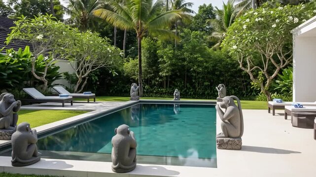 Tropical Retreat: A serene villa featuring a shimmering swimming pool and monkey statues in Bali