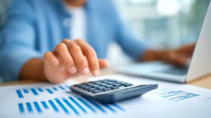Office desk setup with a calculator and laptop for data analysis. - Powered by Adobe